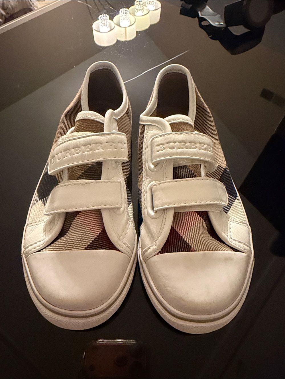 Burberry Kids White and Beige Check Velcro Sneakers